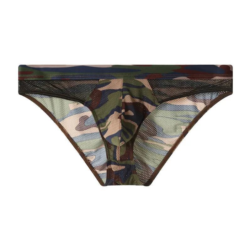 Men's camouflage mesh colour matching low waist briefs in blue, green, and gray knitted polyester