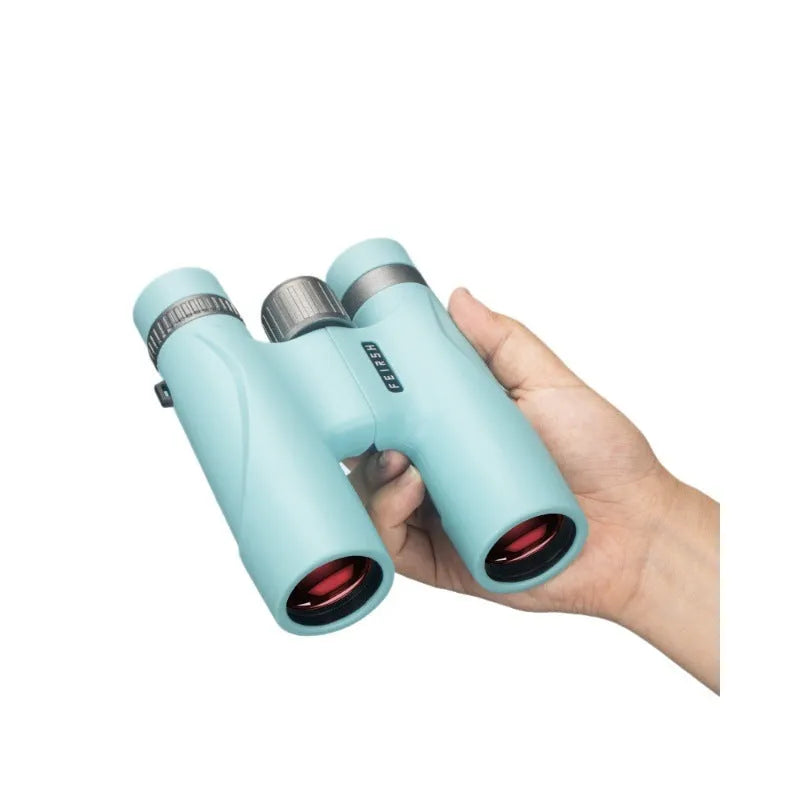 Blue and grey 10x32 plastic binoculars with wine red film imaging on the lenses.