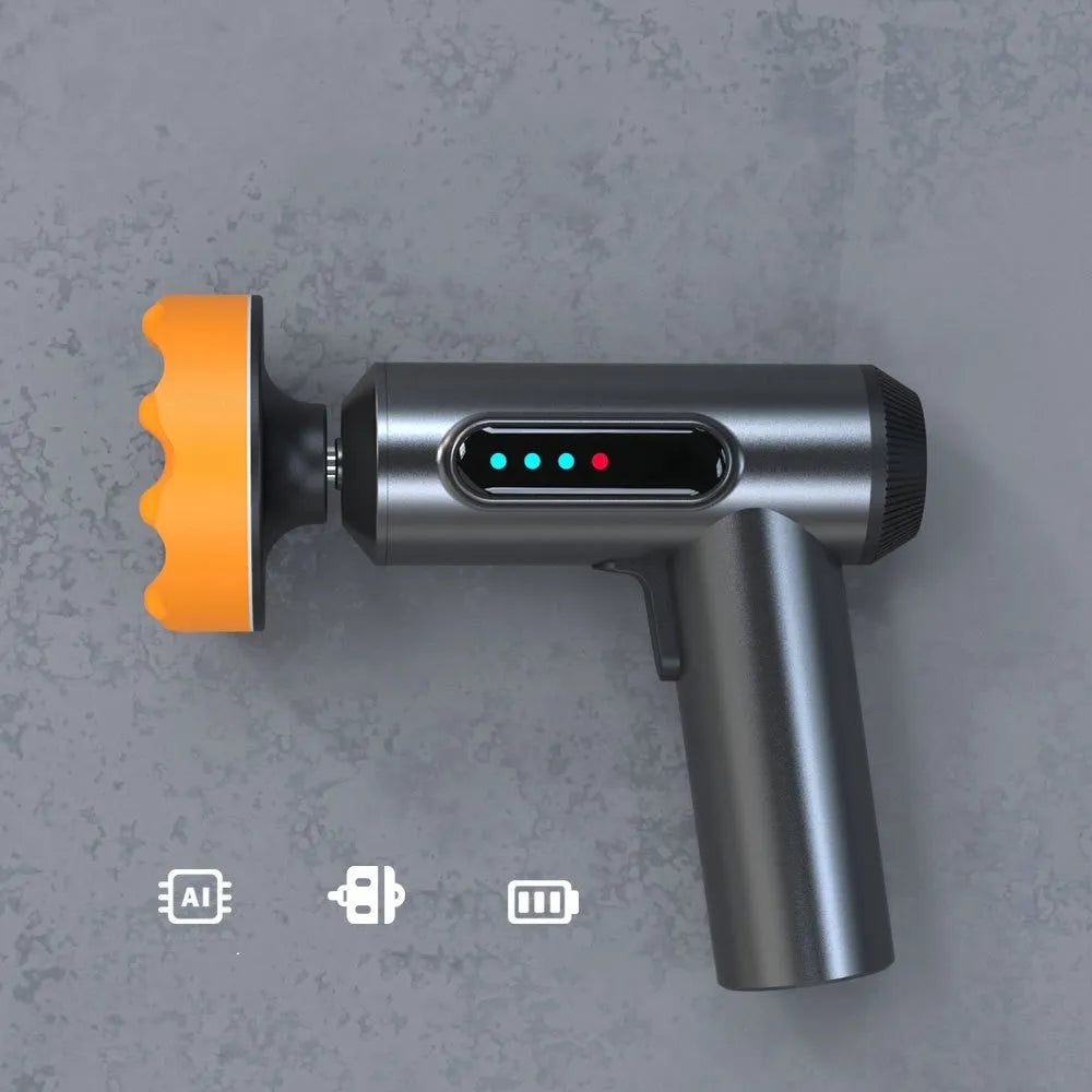 Wireless electric waxing and polishing machine with white ABS housing and a black polishing disc.