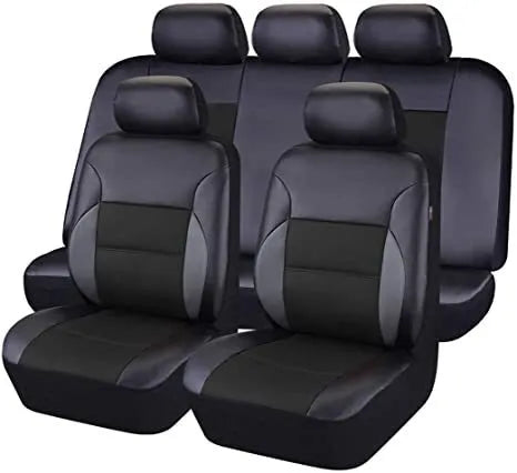 Artificial leather car seat cover set shown in vehicle with colour options and different set configurations