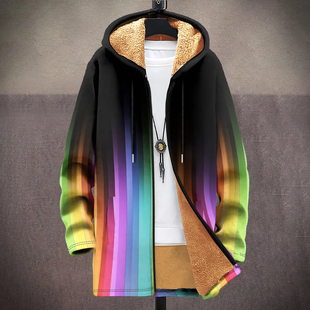 Man wearing a multicolour digitally printed hooded cardigan with a full-length front zip