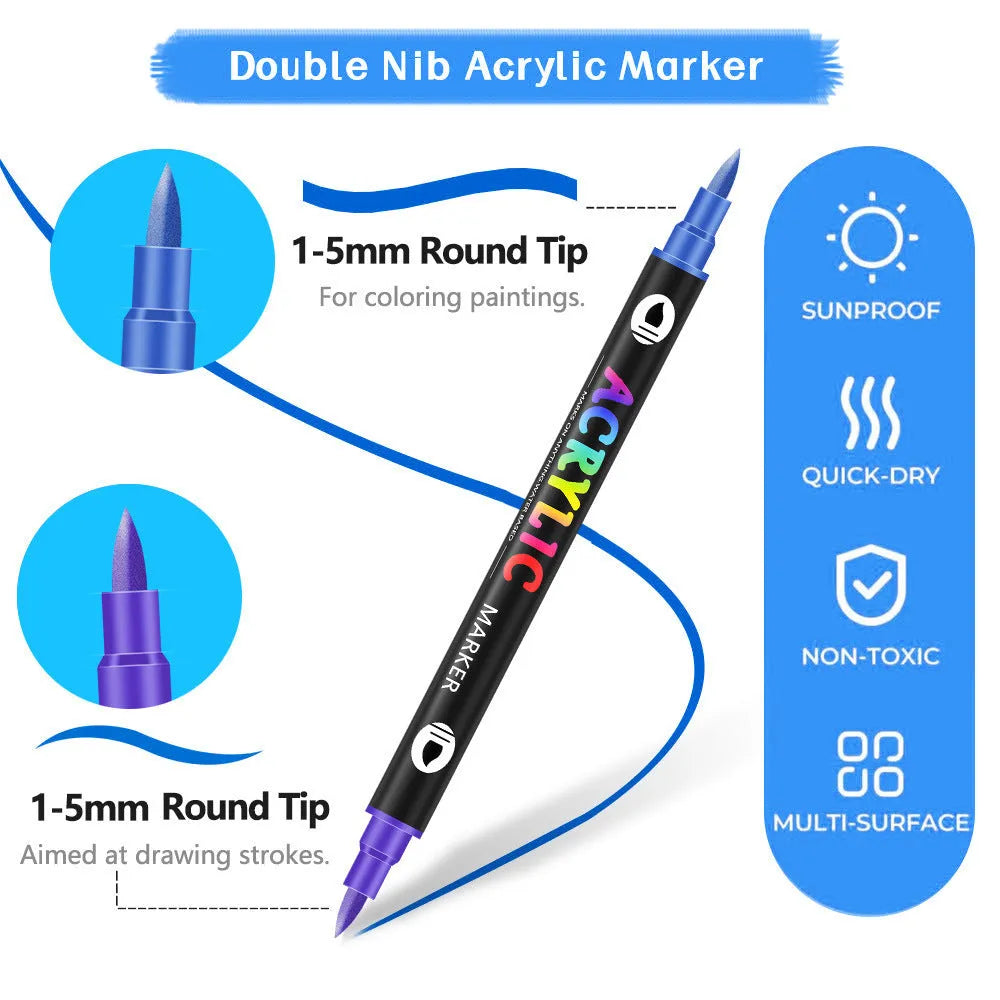 Set of double-headed acrylic marker pens showing both tips, with opaque washable ink in multiple colours.