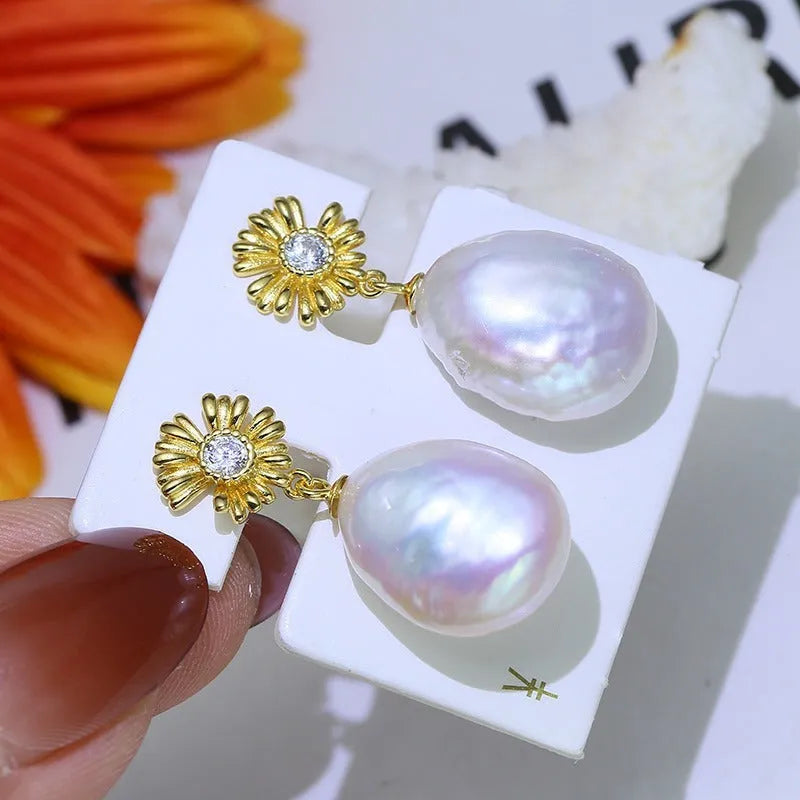 Baroque style sterling silver flower design drop earrings in silver and gold tone options