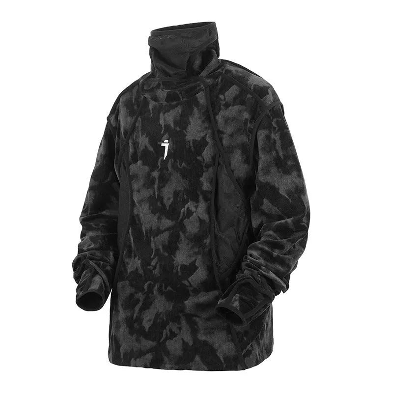Men's black and grey tie dye printed turtleneck pullover sweater with long sleeves and loose fit.