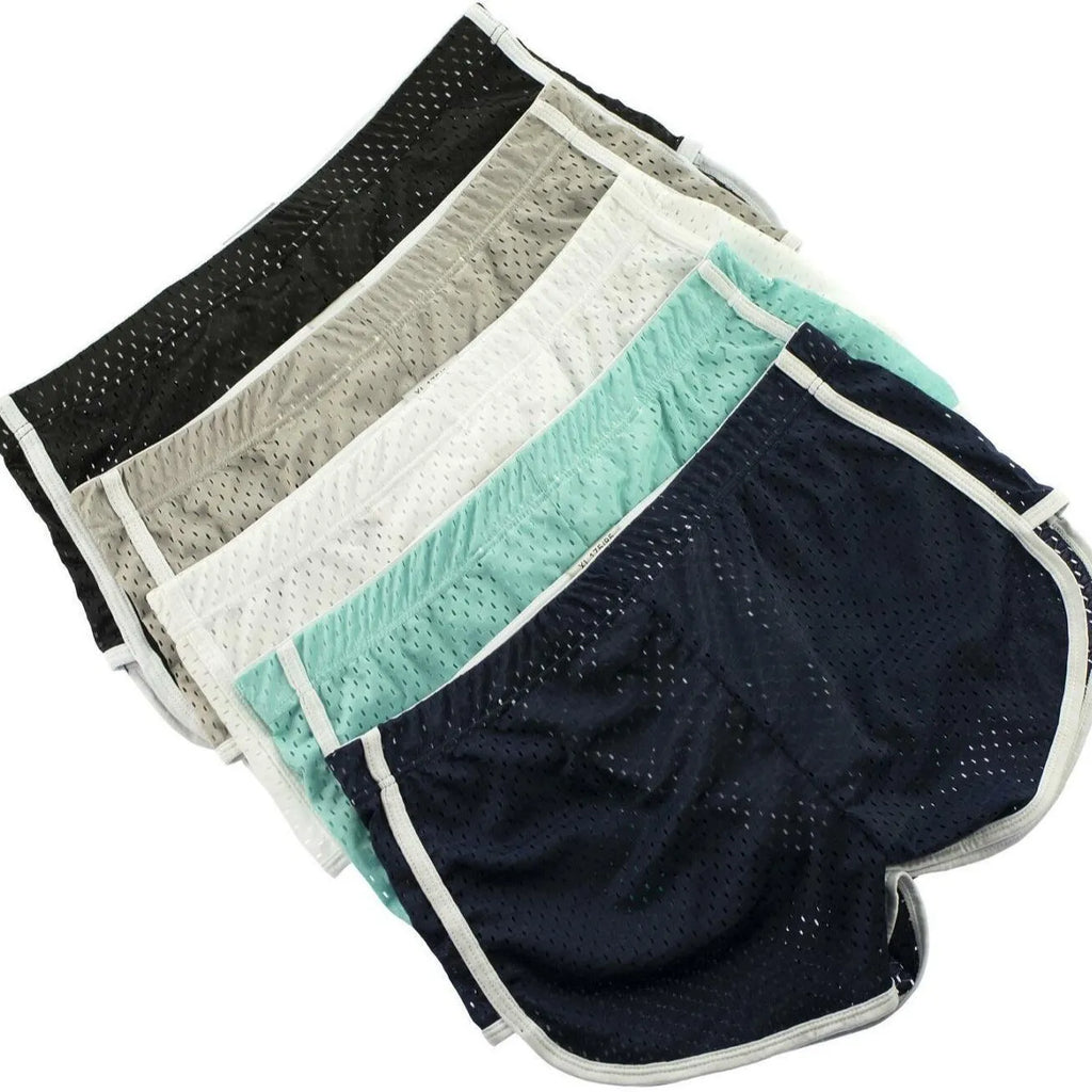 Men's cotton three-point fly boxer shorts in black, grey, dark blue, light blue, and white.