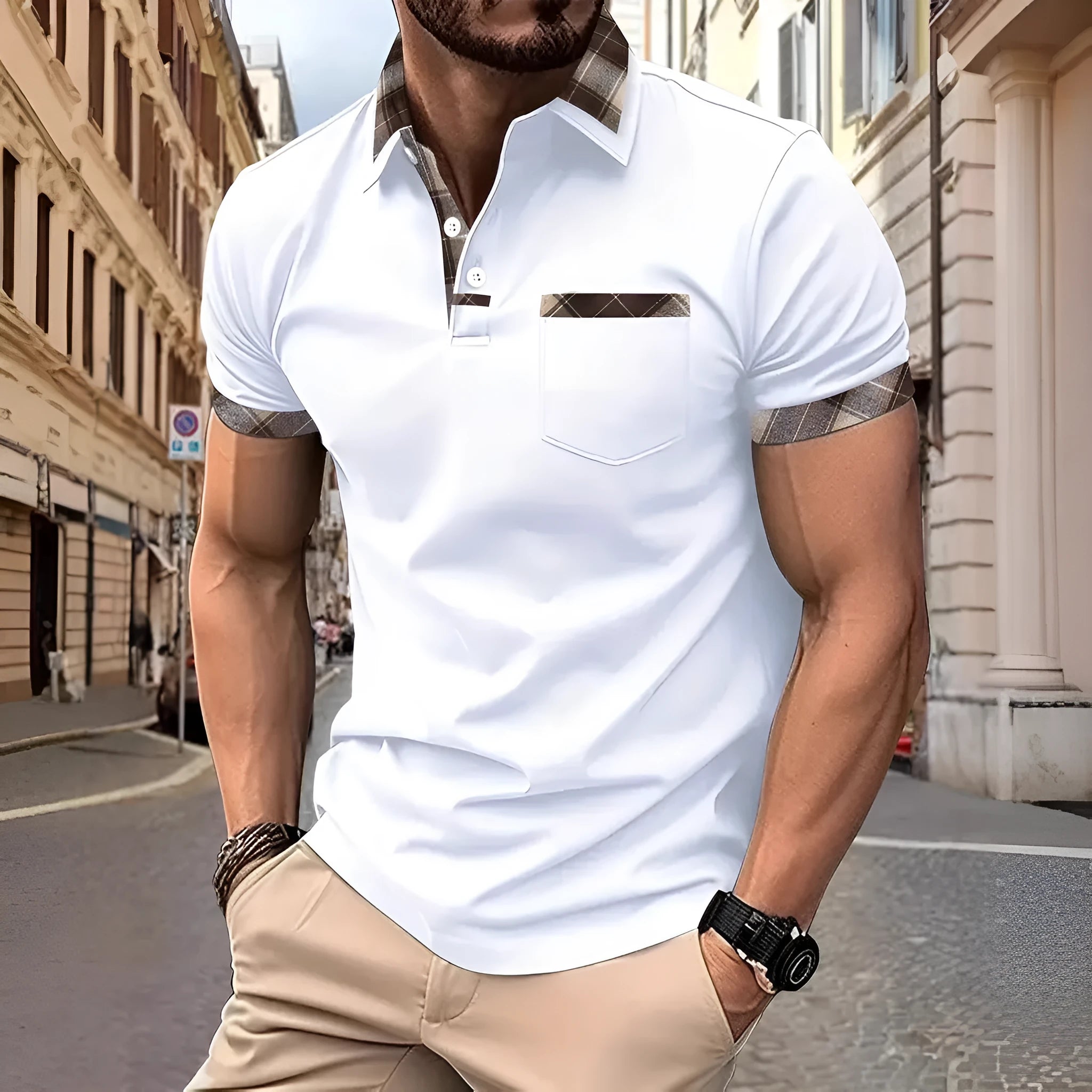 Men's plaid colourblock T-shirt with short sleeves and zipper decorations on front