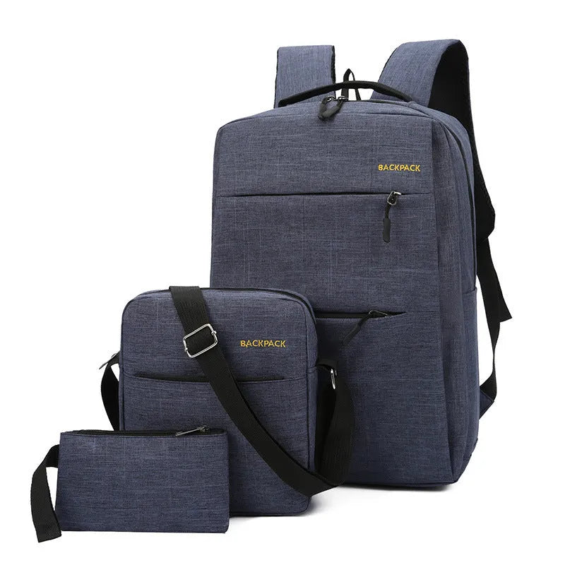 Three men's nylon computer bags in wine red, black, gray, and navy blue, showing USB port and internal pockets.