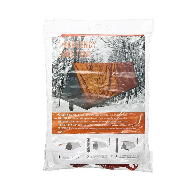 Emergency disaster relief tent kit with sleeping bag and raincoat in orange and green colours
