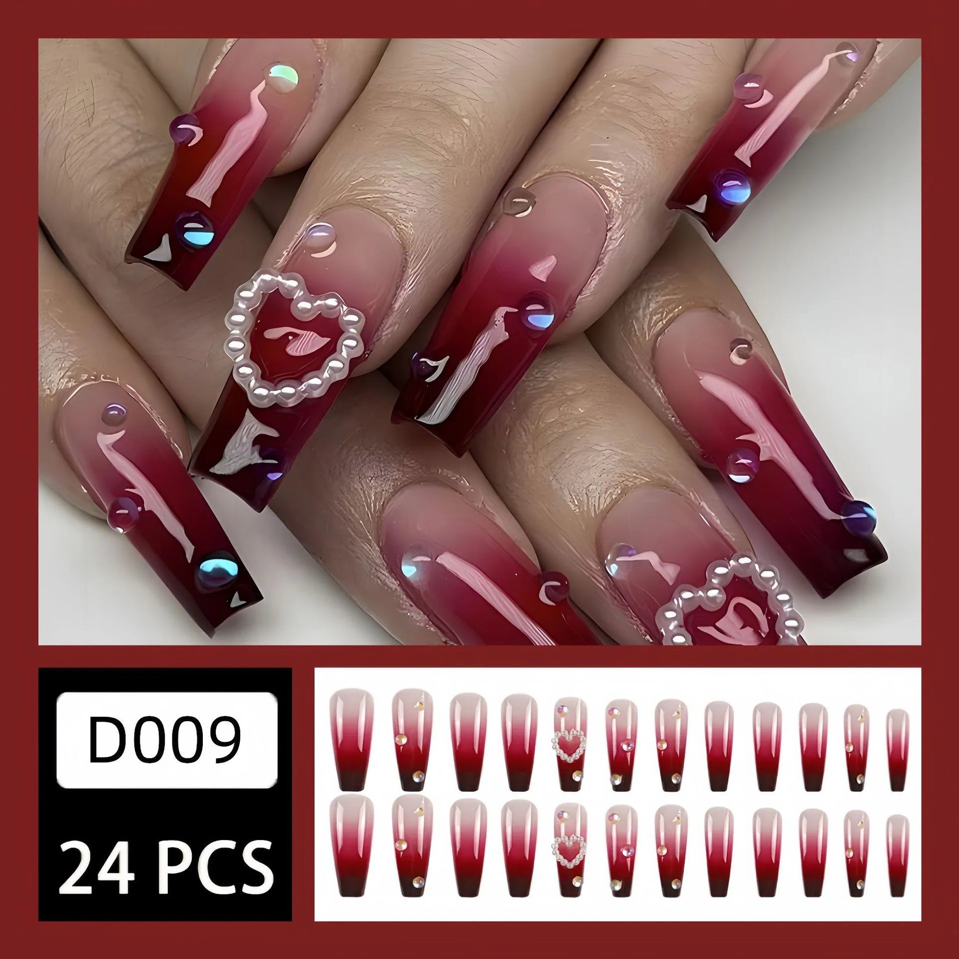 Wine red gradient false nail tips with plaid pattern, jelly glue, and rubbing clause in package