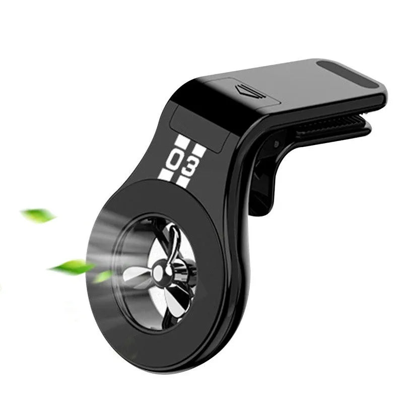 Black magnetic car air vent phone holder with adjustable rotation paddle showing phone mounting position
