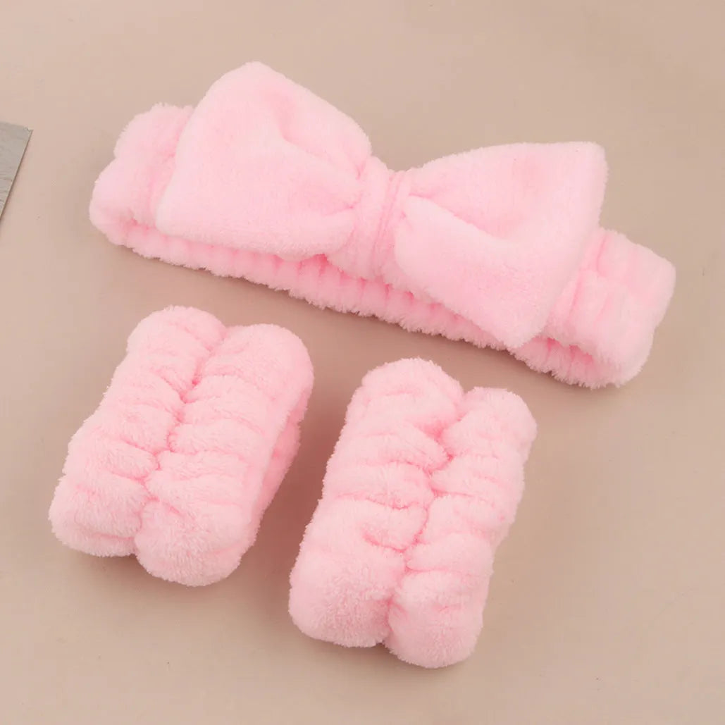 Facial brush set with coral fleece hairband in multiple colour options including purple, grey, white, and pink