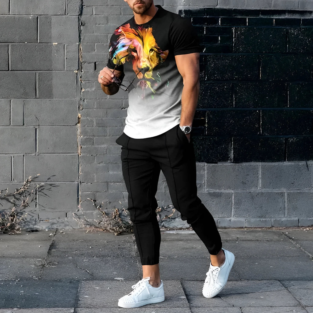 Men's short sleeve round neck T-shirt and matching trousers set in a light grey colour.