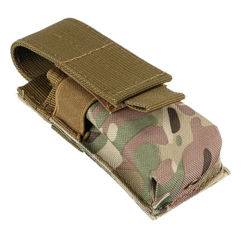 Black tactical Molle waist pouch with elastic cord buckle, shown attached to a belt.