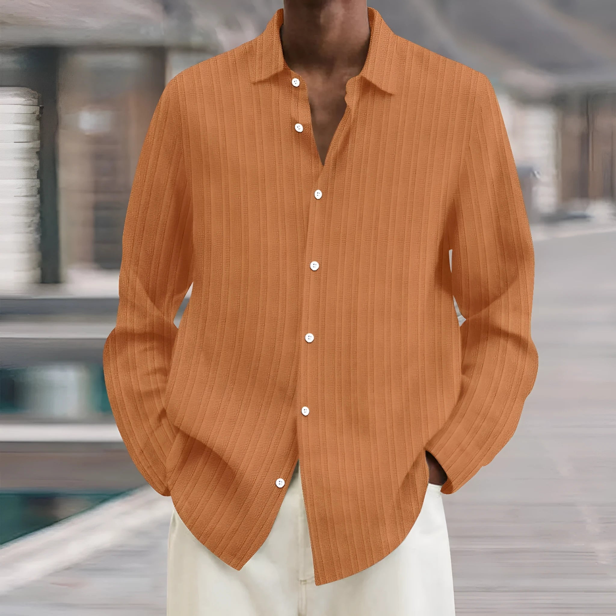 British style loose fit men's cardigan with long sleeves and a striped 3D pattern.
