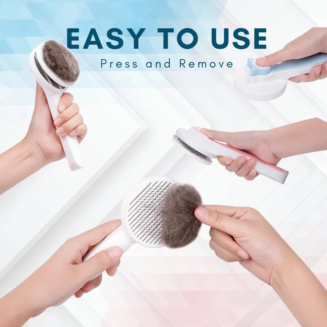 Blue self-cleaning slicker brush for dogs and cats on a white background, showing ergonomic rubber handle.