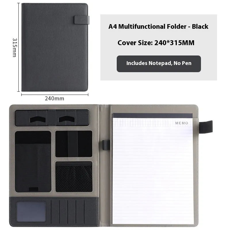 Leather A4 business folder in black, open to show interior with optional pen and notepad.