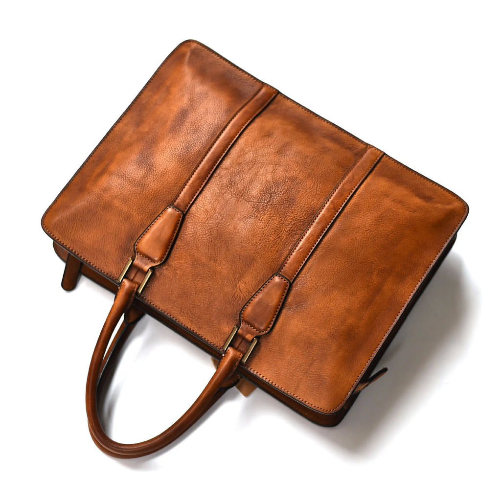 Men's 14-inch horizontal leather business handbag in khaki or black colour