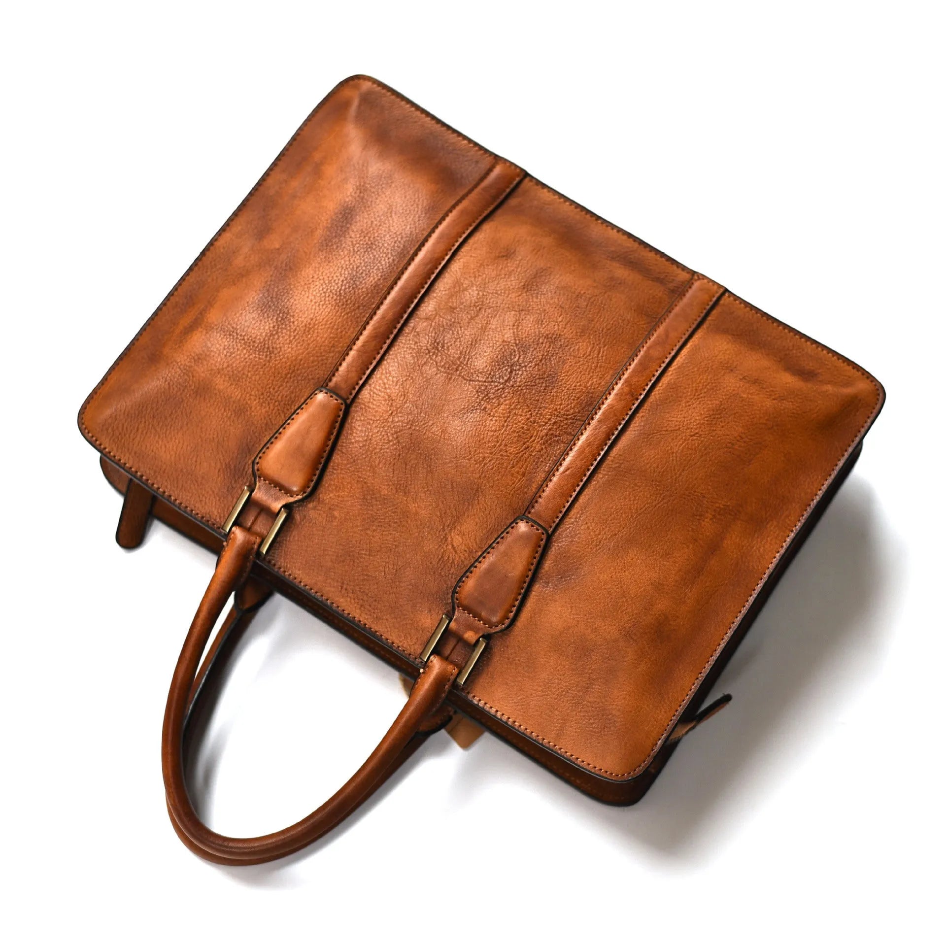 Men's 14-inch horizontal leather business handbag in khaki or black colour