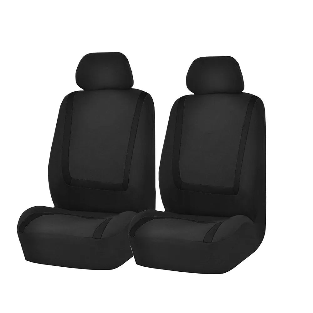 Universal fabric car seat cover set showing headrest and seat panels in a two-tone colour option