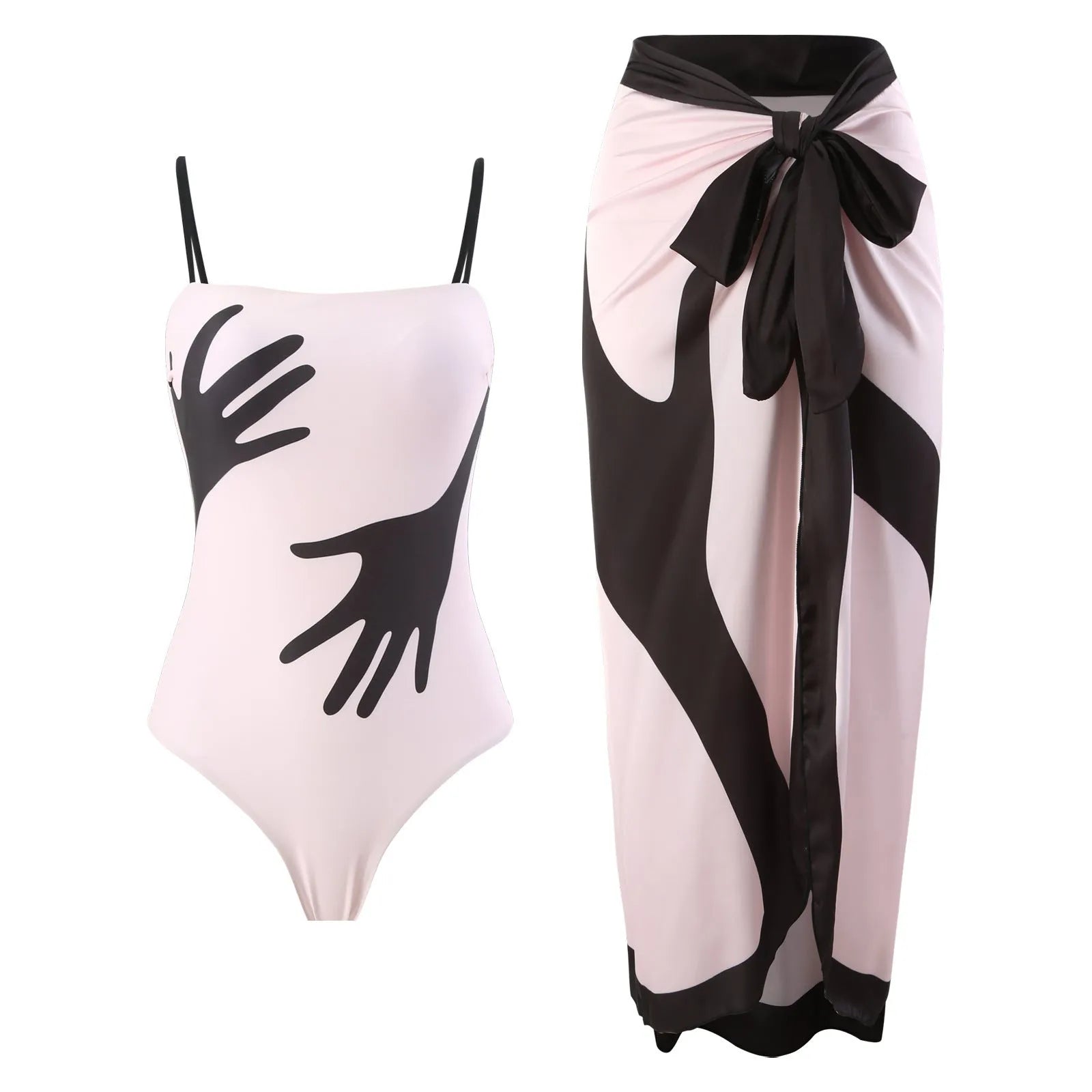 Women's patterned polyester swimsuit with attached tulle skirt in one-piece bikini design