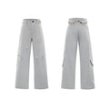Men's dark wash straight-leg jeans with 3D cutting, zip decorations, and tassel details
