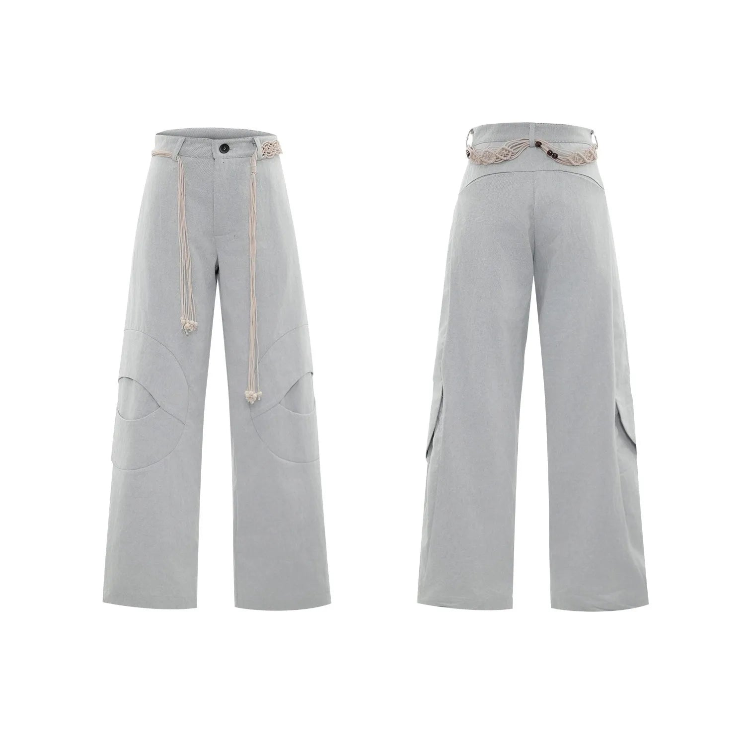Men's dark wash straight-leg jeans with 3D cutting, zip decorations, and tassel details