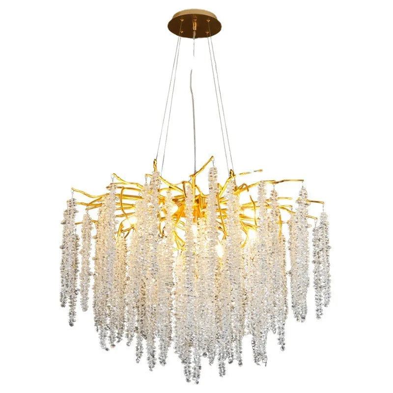 Modern crystal LED chandelier with adjustable height in a light luxury style.