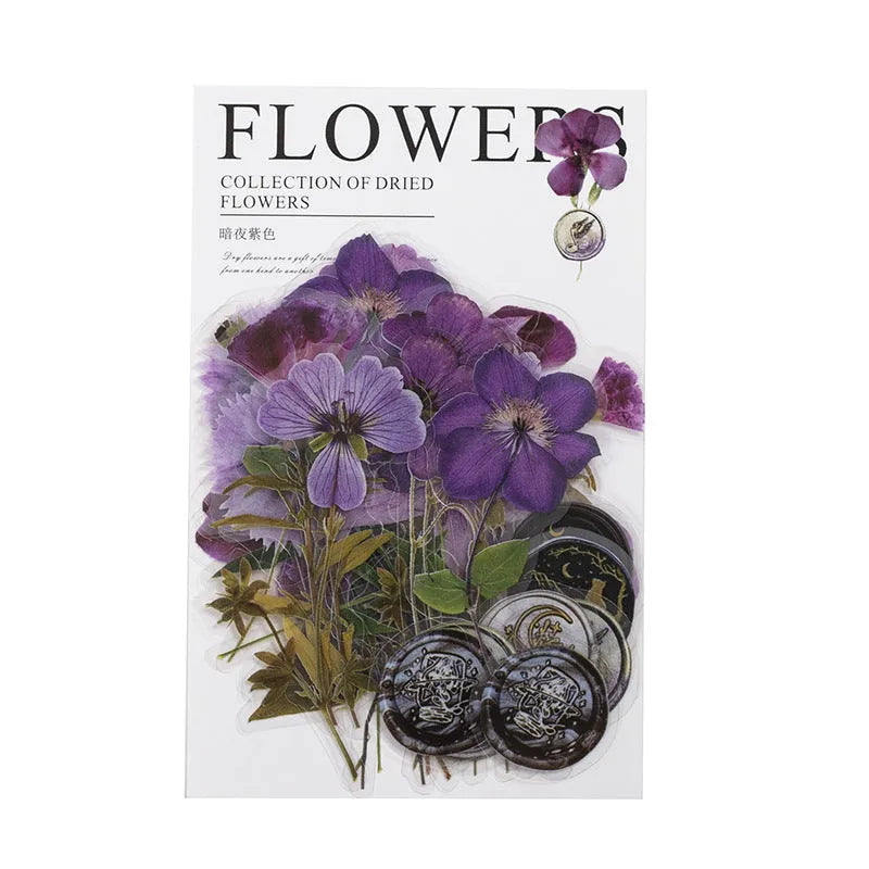 Pack of 40 decorative dried flower design sticker sheets in eight colours including purple, blue, and orange.