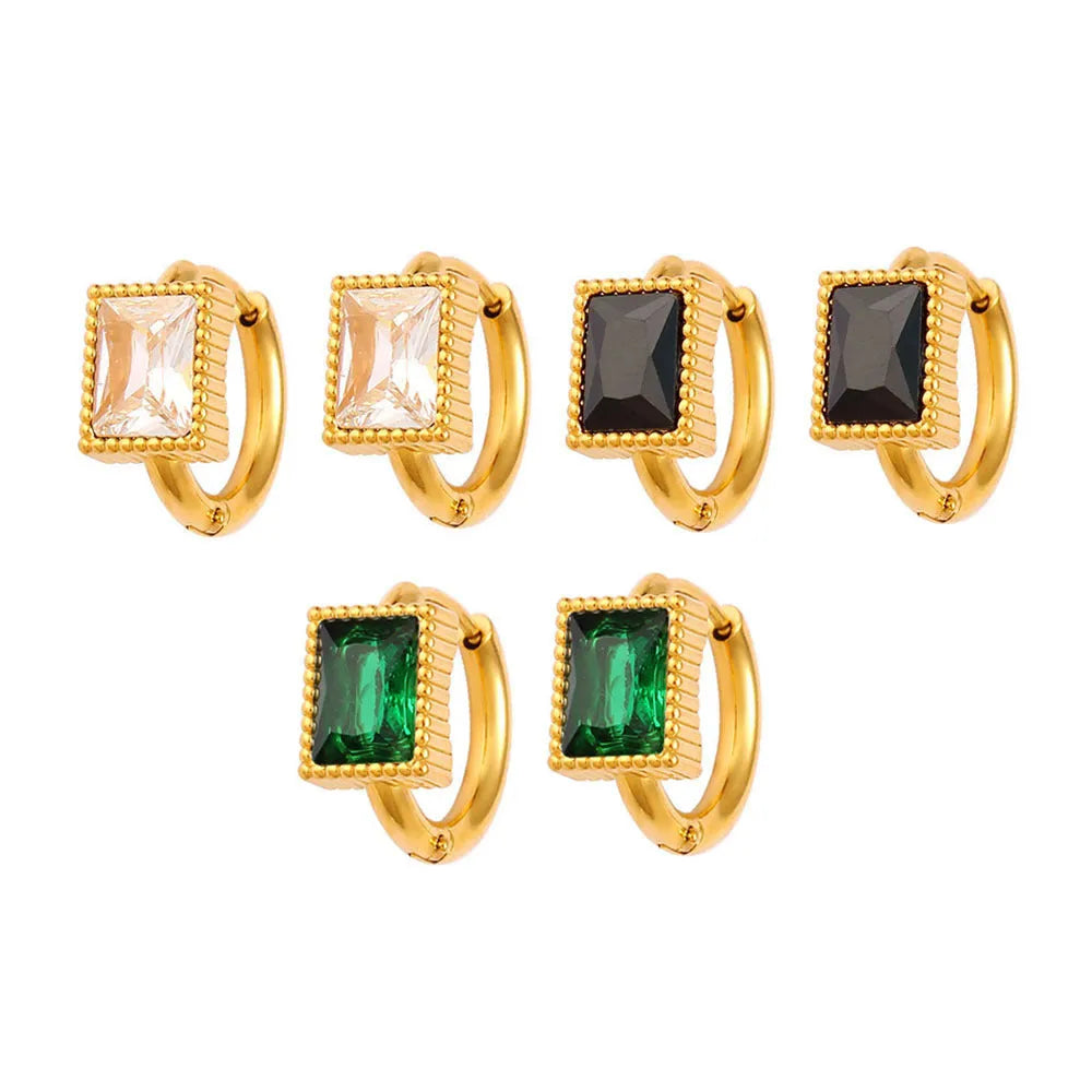 Square geometric earrings with zircon accents in stainless steel