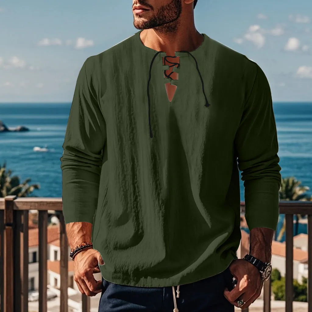 Cotton linen beach shirt in solid colour with loose pullover design showing size options
