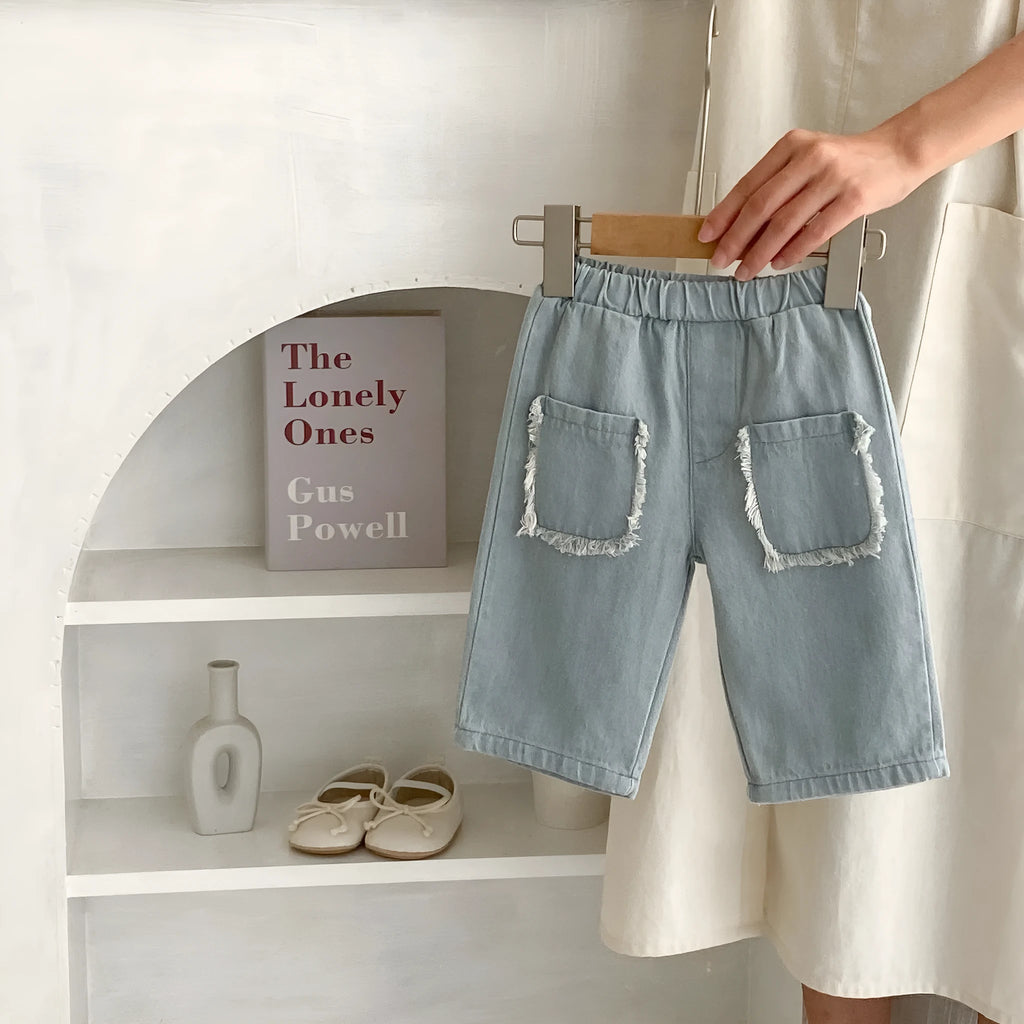 Children's cotton denim cropped pants in denim colour with hairband belt fly opening