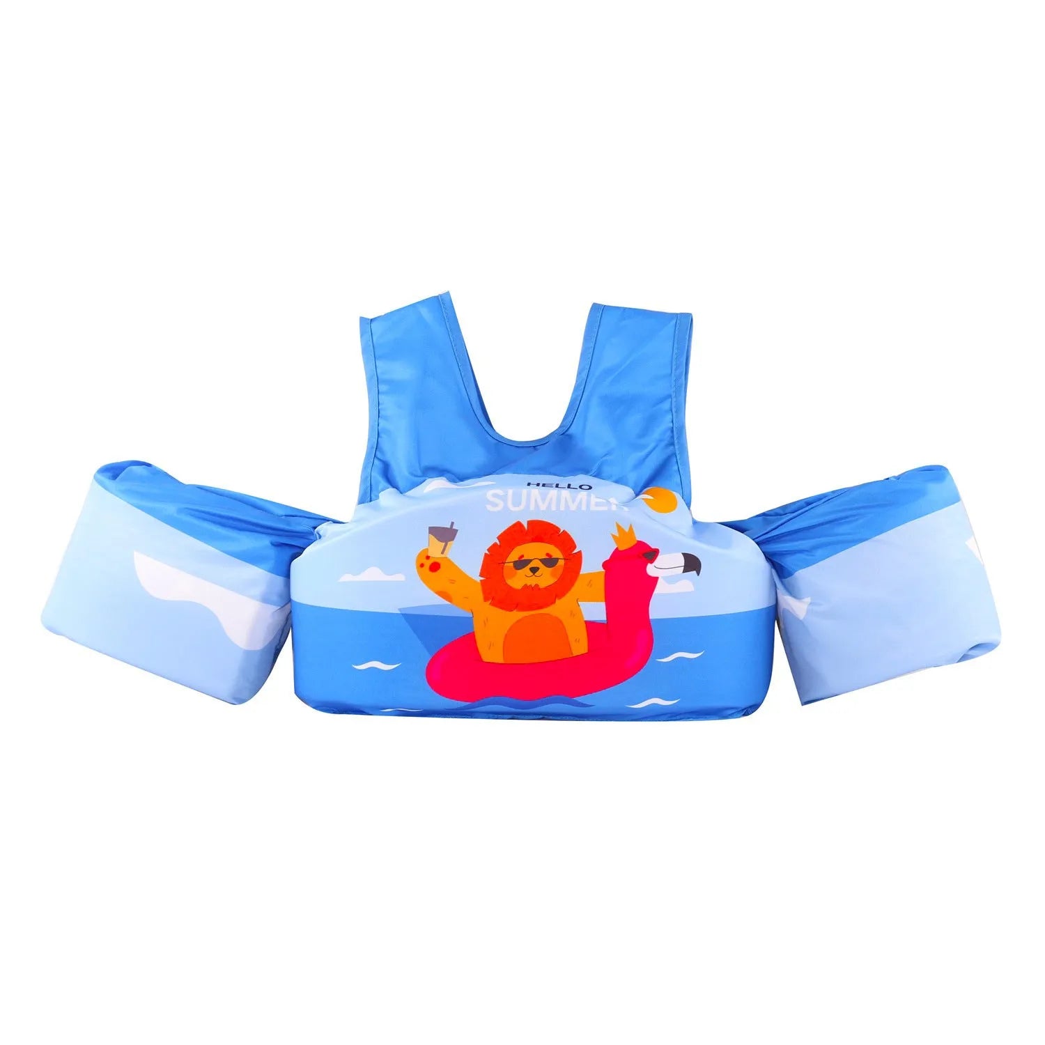 Colourful cartoon children's swimsuit with integrated arm swimming rings in a lobster design.