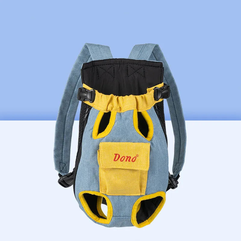 Front-carry pet sling bag with breathable mesh panels and adjustable shoulder strap in blue and yellow colour combination