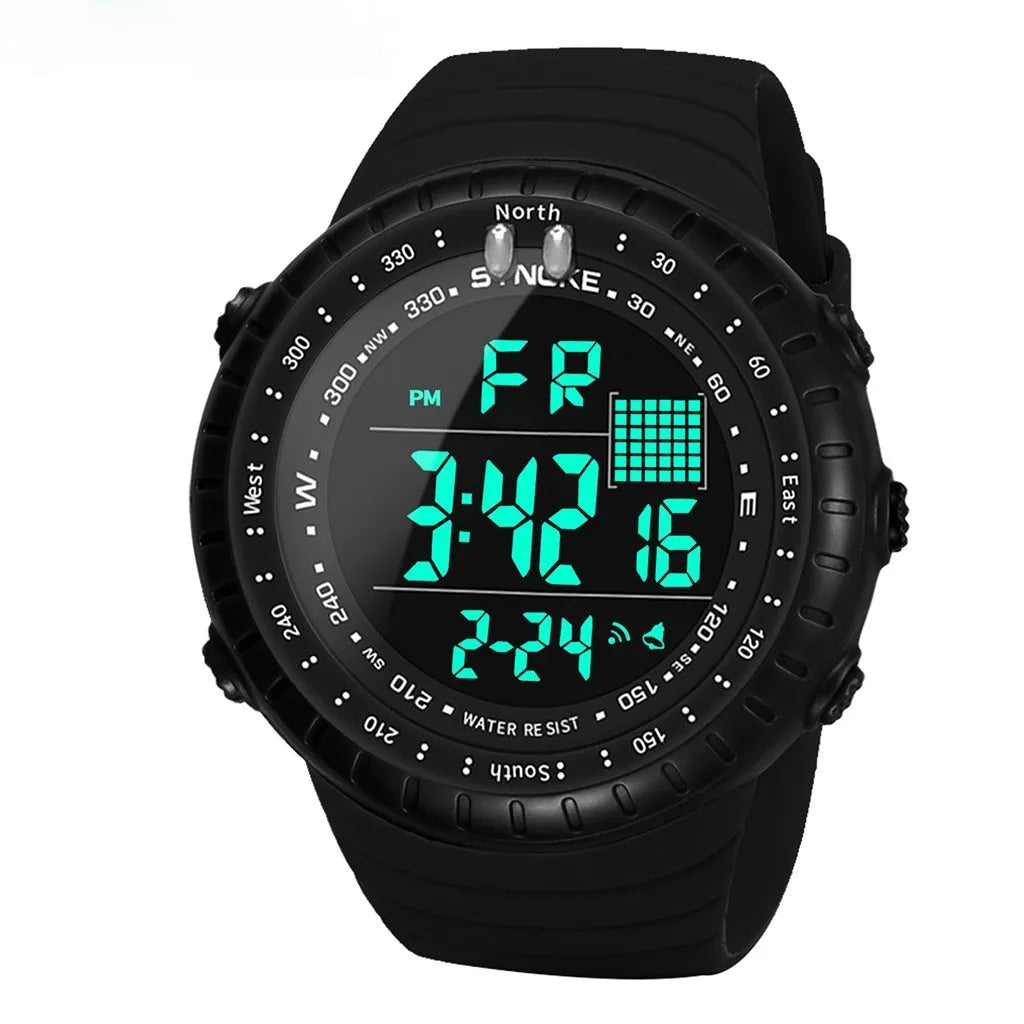 Black men's waterproof digital watch with large 54.74mm dial and WR50M water resistance rating