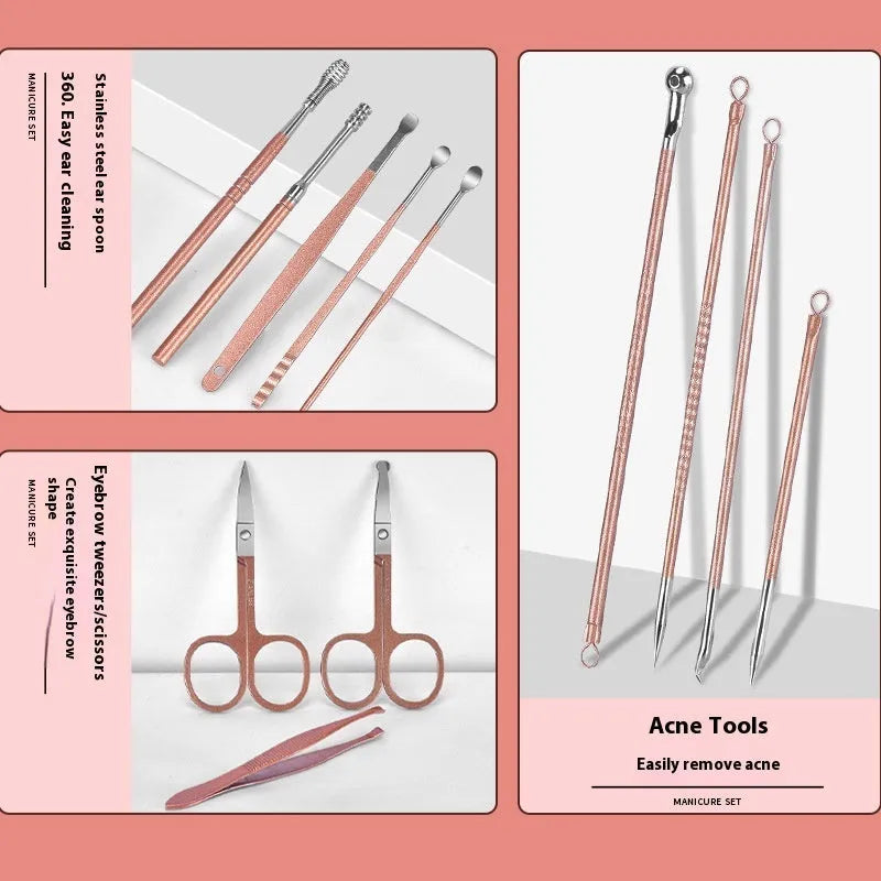 30-piece stainless steel nail beauty tool set with tools in five colour options including pink, blue, rose gold
