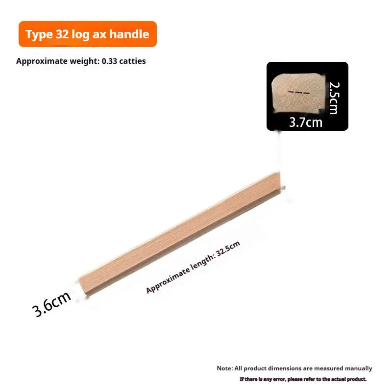 Locust wood tool handles for axes, hoes, and sickles in various lengths on a wooden surface.