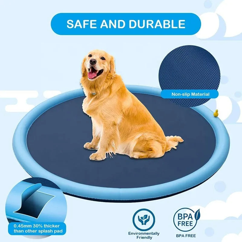 Large inflatable PVC dog pool splash pad with anti-slip base in a garden.