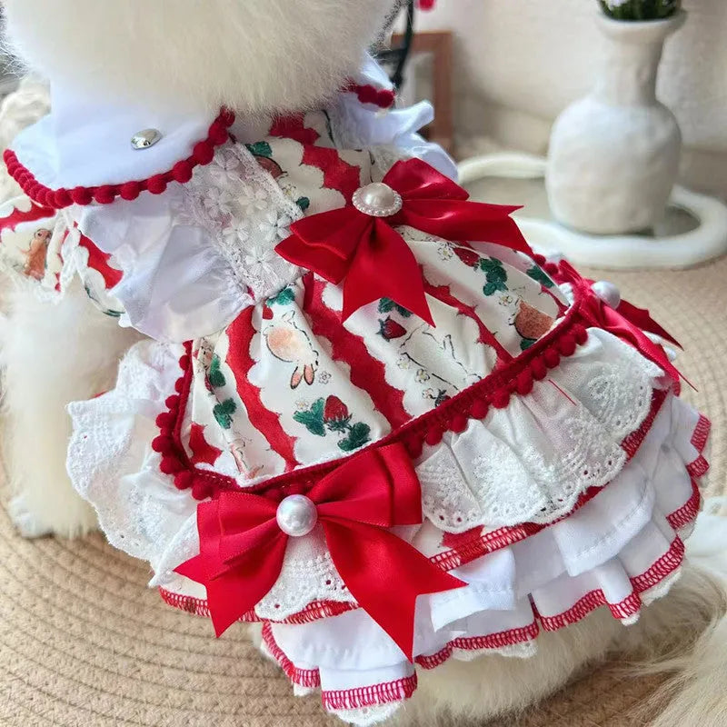 A small dog wearing a lightweight white and grey rabbit-themed princess skirt.