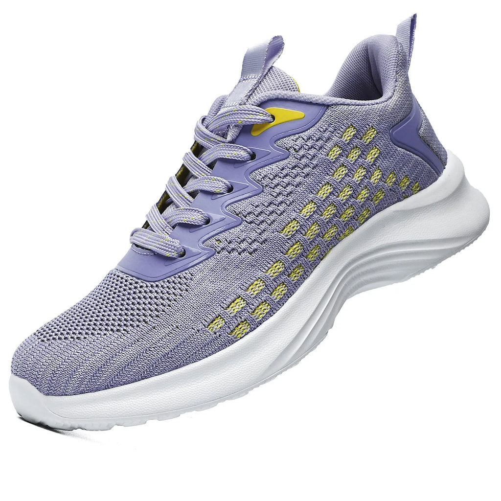 Women's Lavender Purple Flyknit running shoes with striped pattern and mesh lining on white background