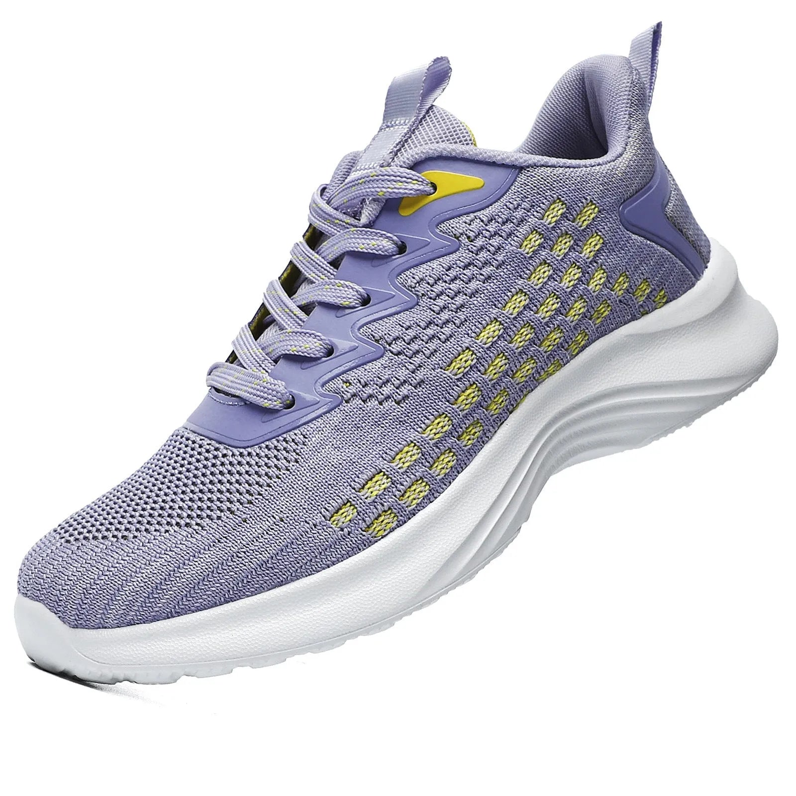 Women's Lavender Purple Flyknit running shoes with striped pattern and mesh lining on white background