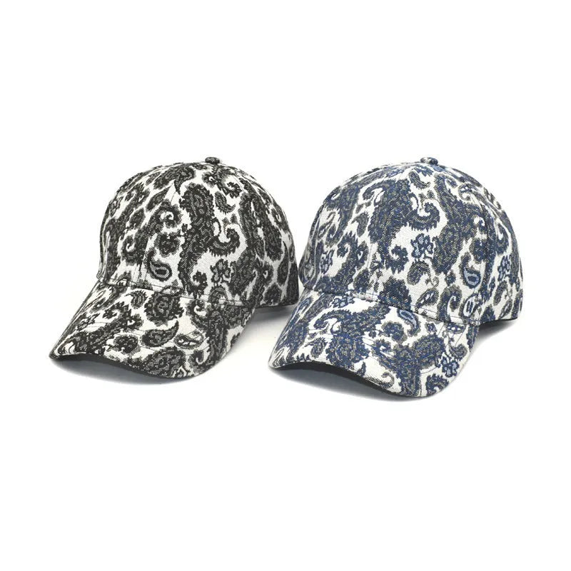 Blue polyester baseball cap with paisley pattern print and dome crown style