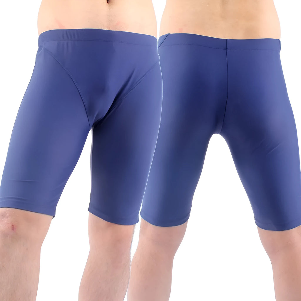 Men's quick-drying five-point swimming trunks in navy blue nylon fabric, loose fit for swimming or wading