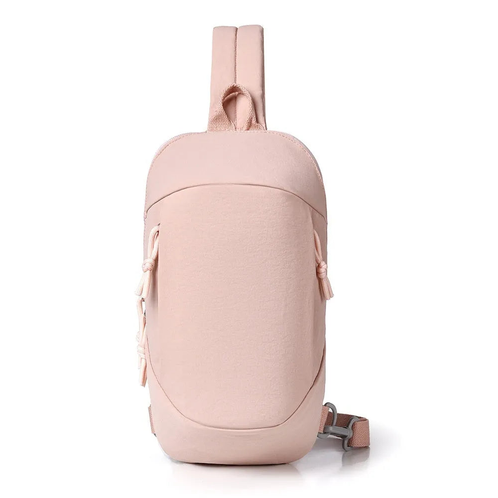 Outdoor nylon crossbody chest bag with phone pocket in one of six colours: black, white, green, pink, or grey.