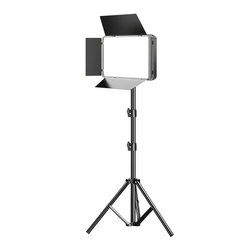 17-inch square LED fill light panel with four-leaf baffle and 2.1m bracket on a studio floor