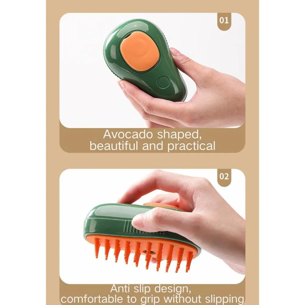 Green and white cat steam brush with water spray function and soft silicone teeth for pet grooming