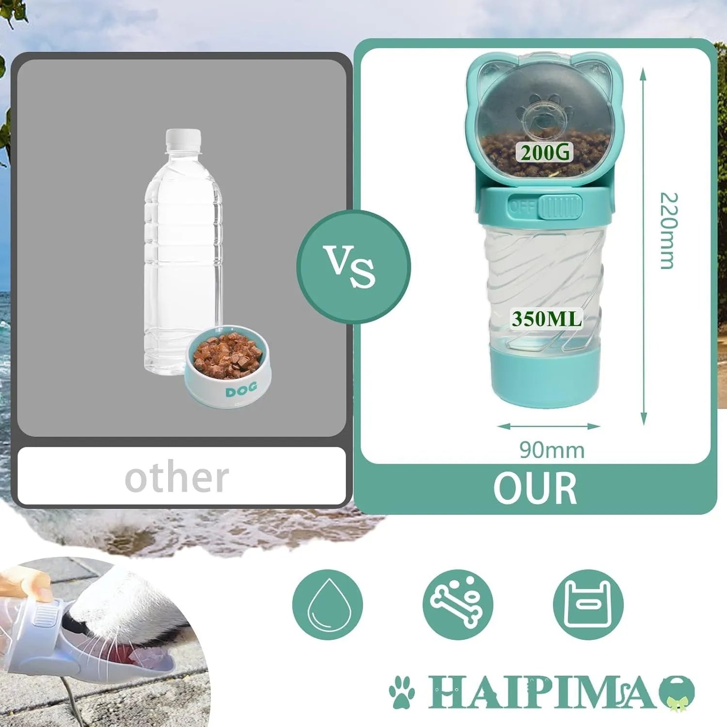 Green 3-in-1 portable pet water bottle with food container and waste bag dispenser on a strap.