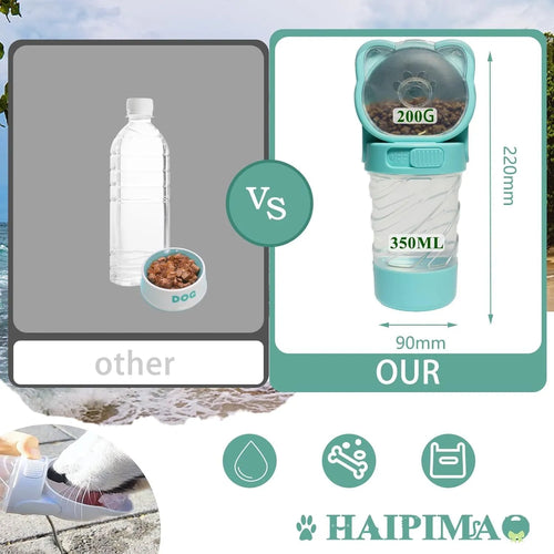 Green 3-in-1 portable pet water bottle with food container and waste bag dispenser on a strap.