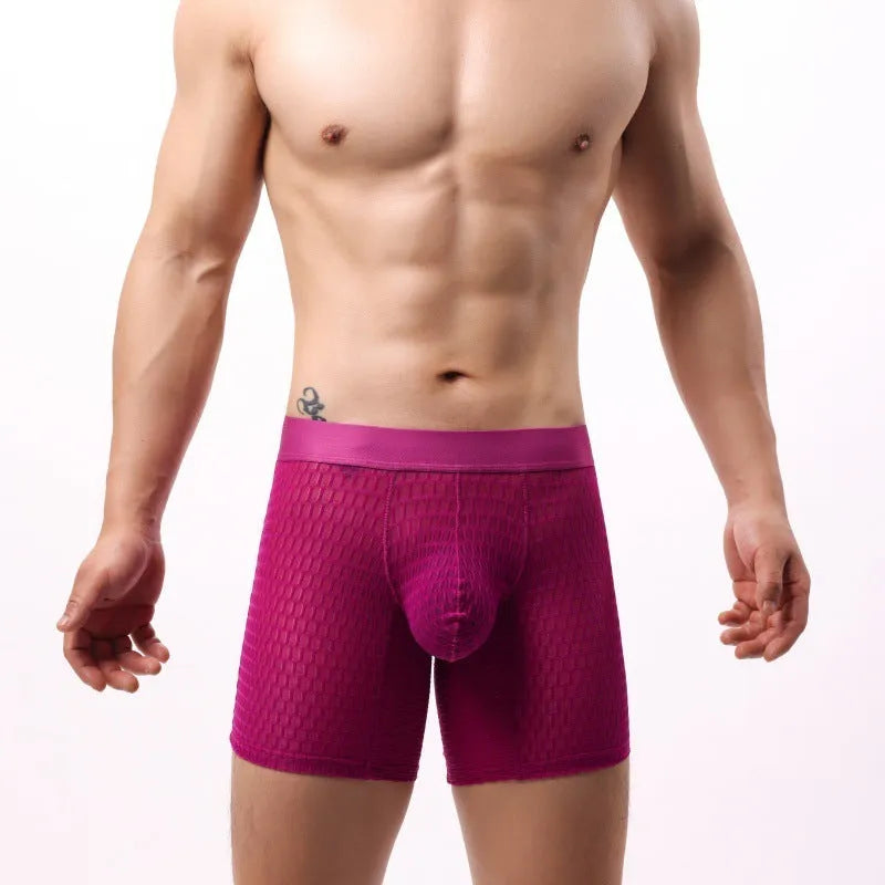 Men's lace mesh boxer shorts in light purple colour, showing low waist waistband and geometric knit pattern.