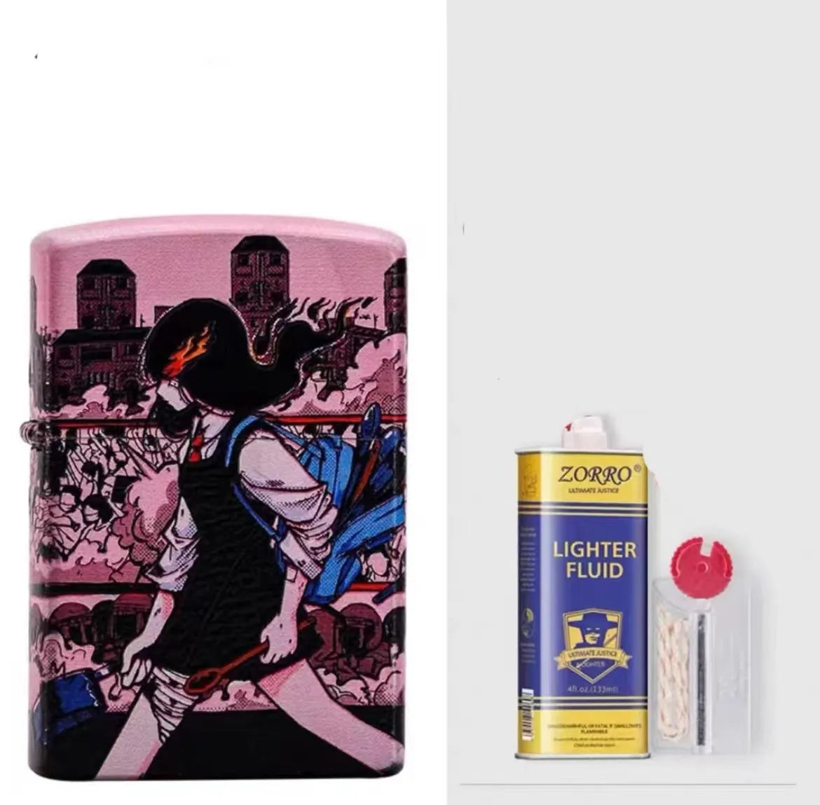 Windproof kerosene lighter with artistic design, steel and copper construction, 58x39x13mm dimensions