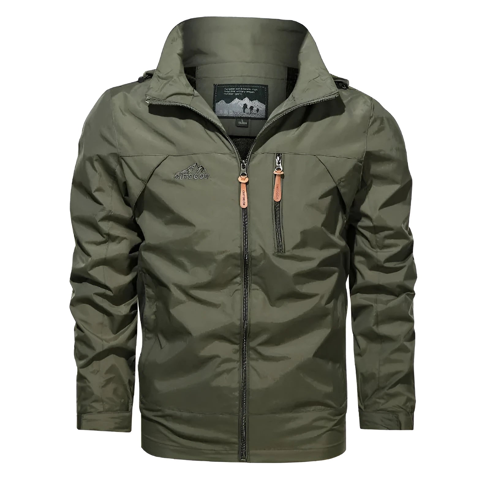 Men's plus size nylon hooded jacket in army green with stand-up collar and zip front